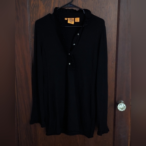 Tory Burch Sweaters - Tory Burch Black Wool Long Sleeve Ruffle Quarter Button Sweater Size Medium